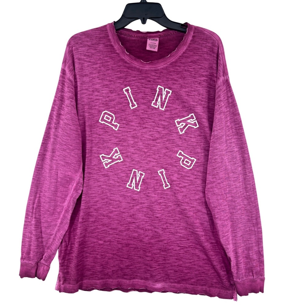 PINK Victoria's Secret Long Sleeve Burnout Tee L Magenta Distressed Slub Y2K